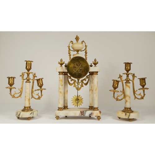 232 - Japy Freres et Cie, Paris, a late 19th century French clock garniture, with columns, sunburst pendul... 