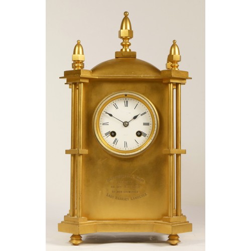 228 - Japy Freres, Paris, a late 19th century gilt brass presentation mantel clock, white enamel dial with... 