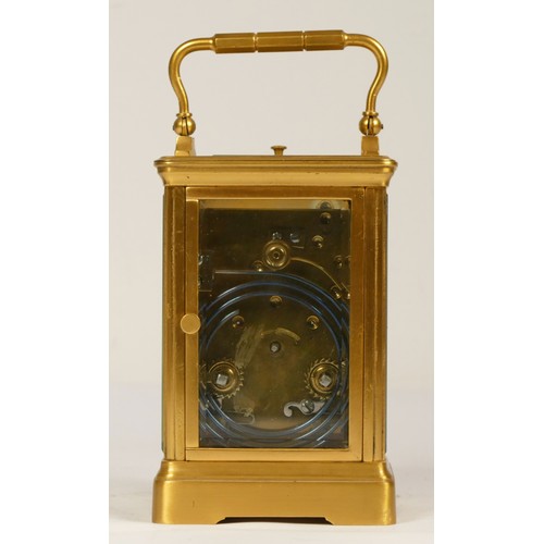 207 - A late 19th century brass striking carriage clock, Arabic numerals, striking the hours and half on a... 