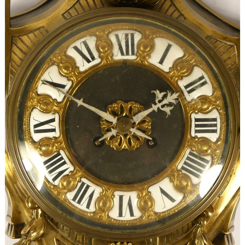 233 - An early 20th century French brass wall clock, the dial with porcelain Roman numerals, cast lyre and... 