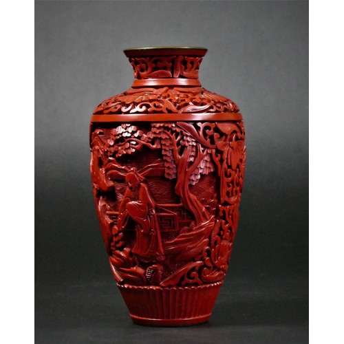 154 - A Chinese carved cinnabar baluster vase, with blue enamel interior, 15.5cm