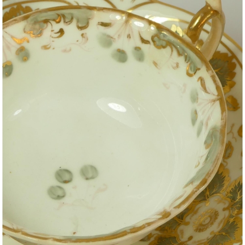 187 - A collection of Rockingham Works, Brameld teaware, c.1831–1842, to include three blue and gilt puce ... 