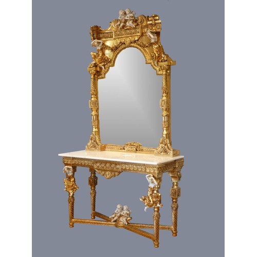 290 - An Italian Baroque style gilt resin and wood mirrored console table, the mirror with musical cherub ... 