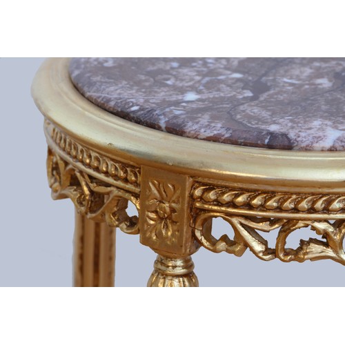 294 - A pair of Louis XV style centre tables, giltwood with red veined moulded marble tops, above a pierce... 