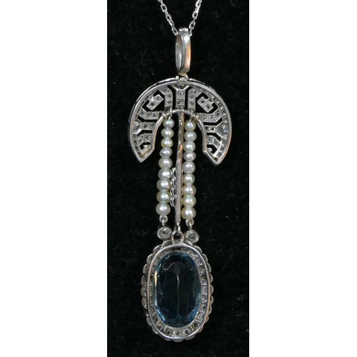 67 - A Belle Epoch aquamarine, pearl and diamond pendant, probably platinum, c.1910-15, milligrain collet... 