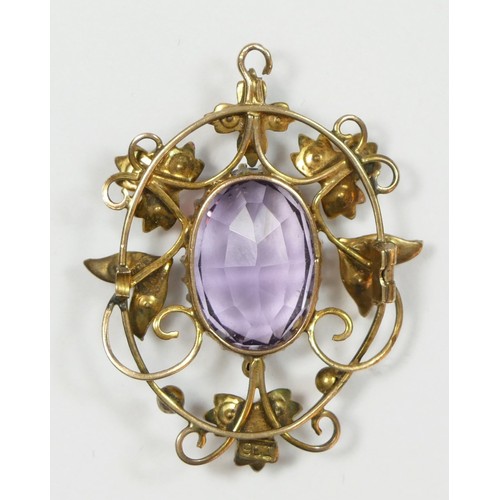 70 - A late Victorian 9ct gold, amethyst and half pearl pendant, 9ct tab, the central mixed cut stone 15 ... 