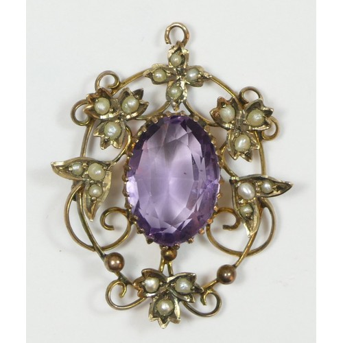 70 - A late Victorian 9ct gold, amethyst and half pearl pendant, 9ct tab, the central mixed cut stone 15 ... 