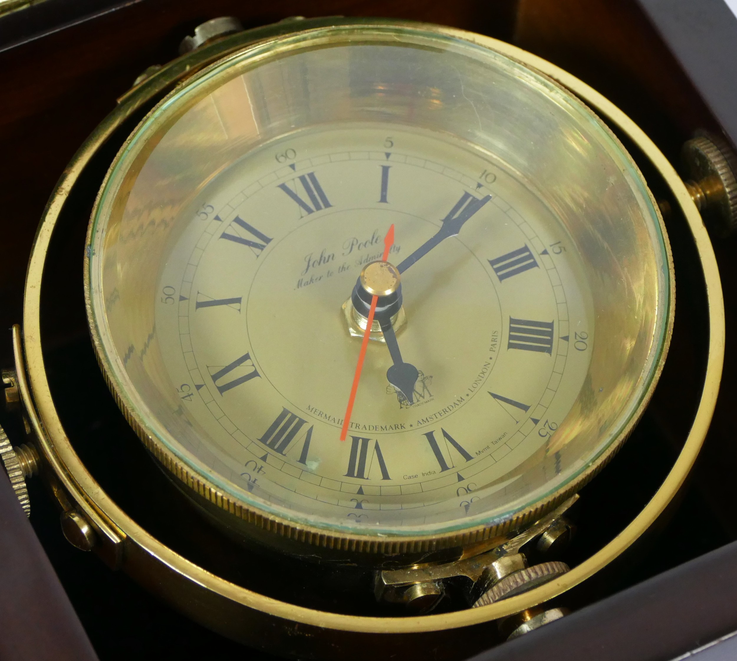 John Poole brass quartz marine chronometer style deck clock, brass