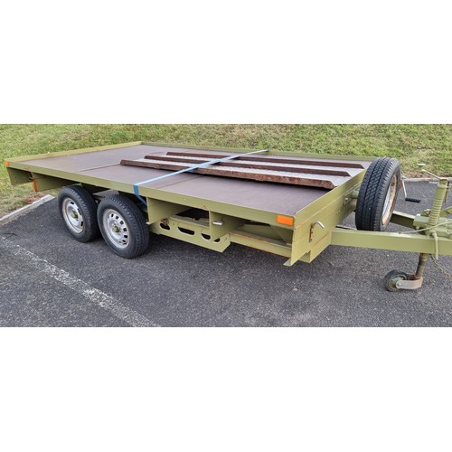429 - A twin axle open trailer, bed 198 x 365cm, two car ramps, spare wheel, manual winch, sturdy chassis,... 