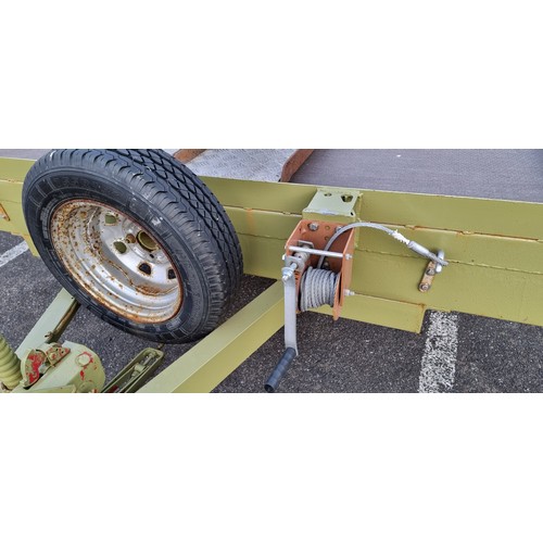 429 - A twin axle open trailer, bed 198 x 365cm, two car ramps, spare wheel, manual winch, sturdy chassis,... 