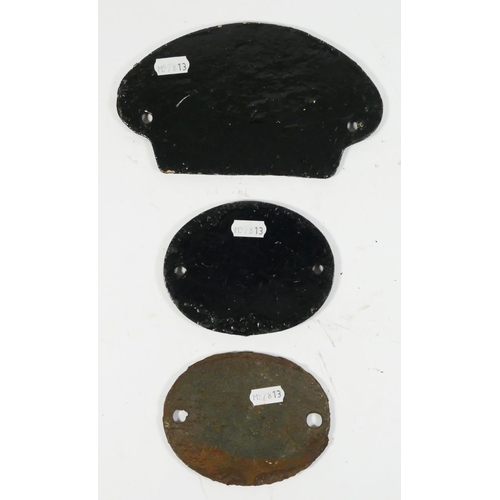 66 - Two oval cast iron railway 'Gen. Repaired' plates, LMS Bromsgrove 1940 and BR (M) 1966, 12 x 10cm. T... 