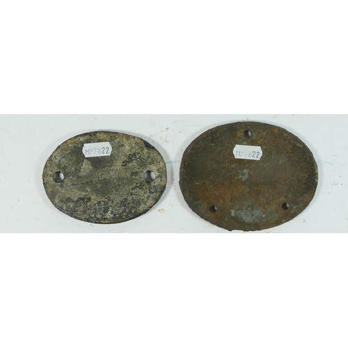 75 - Two oval cast iron railway plates. 'M Ry. Co. Builders, Derby 1909 10 x 12cm with 'Due for paint' 19... 