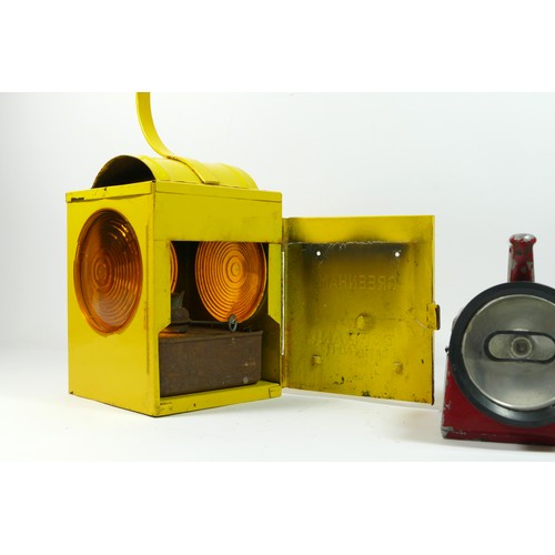 100 - Bardic railway handlamp and a yellow Greenham Dorman road lamp with Burner. (2)