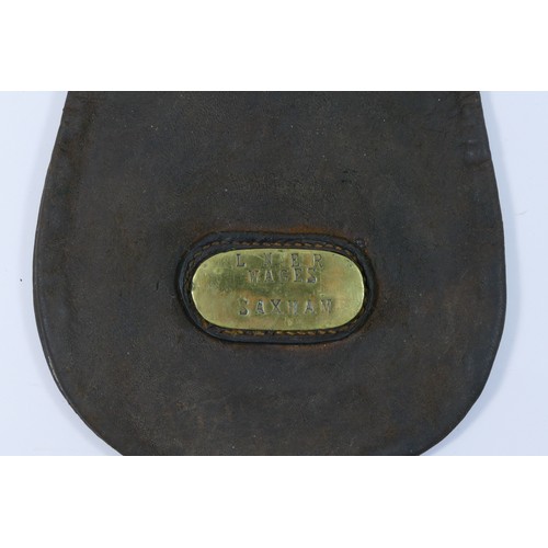 135 - LNER leather cash bag, brass label marked 'LNER Wages, Saxham'.