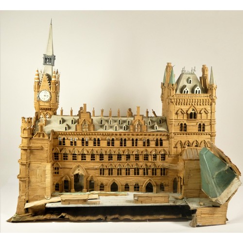 141 - A matchstick scratch built model of St Pancras Hotel, Euston Rd, London, with decorated roof tiles, ... 