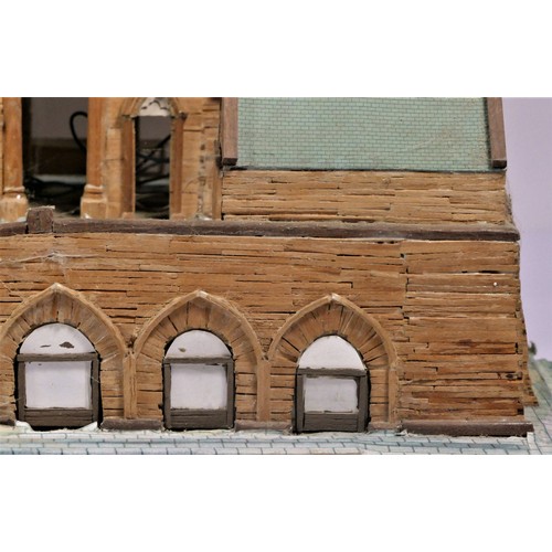 141 - A matchstick scratch built model of St Pancras Hotel, Euston Rd, London, with decorated roof tiles, ... 