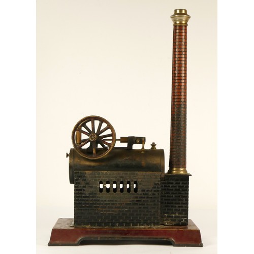 190 - A German tinplate horizontal boiler stationary live steam engine, c.1910-20, no maker, with twin fly... 