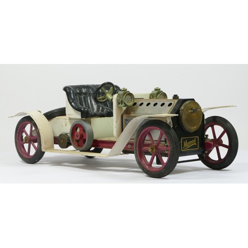 197 - A Mamod SA1 live steam white brass era motor car, lacking burner, 39cm.