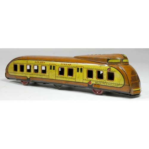 206 - A Lionel Craft tinplate boat, wind up, key and stand, 43cm long, together with a Golden Streak tinpl... 