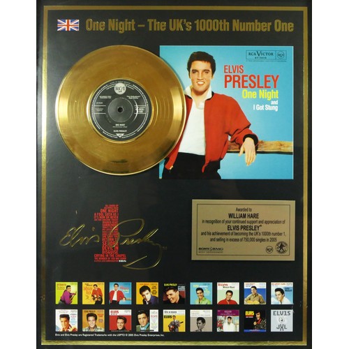 269 - A mounted gold vinyl, Elvis Presley, One Night and I Got Stung, commemorating One Night being the 10... 