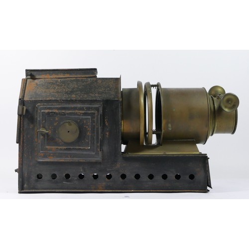 287 - A Riley Bros, Bradford, magic lantern, with lens, missing top hood, together with thirty eight paint... 