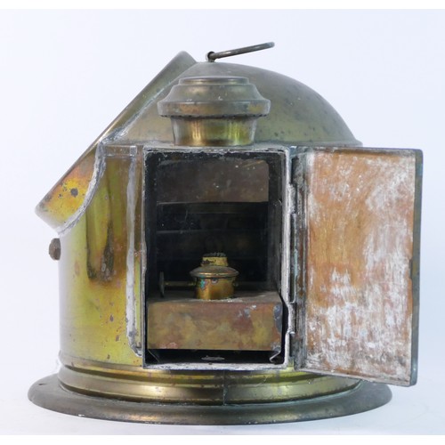 324 - A brass ships binnacle, with 13cm compass and paraffin burner lamp