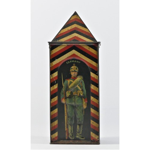 340 - An early 20th century Huntley & Palmer Biscuit Tin, modelled as a sentry box, each face depicting a ... 