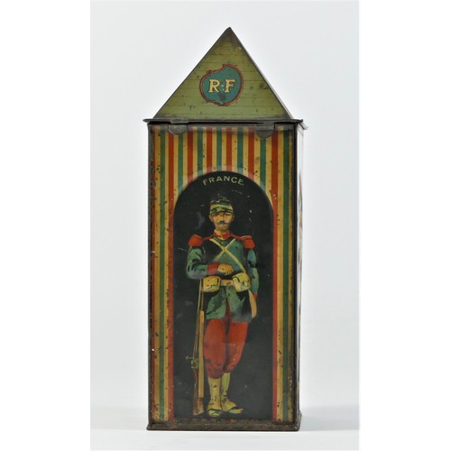 340 - An early 20th century Huntley & Palmer Biscuit Tin, modelled as a sentry box, each face depicting a ... 