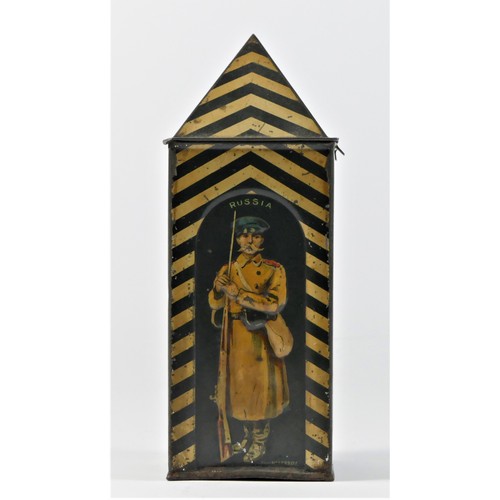 340 - An early 20th century Huntley & Palmer Biscuit Tin, modelled as a sentry box, each face depicting a ... 