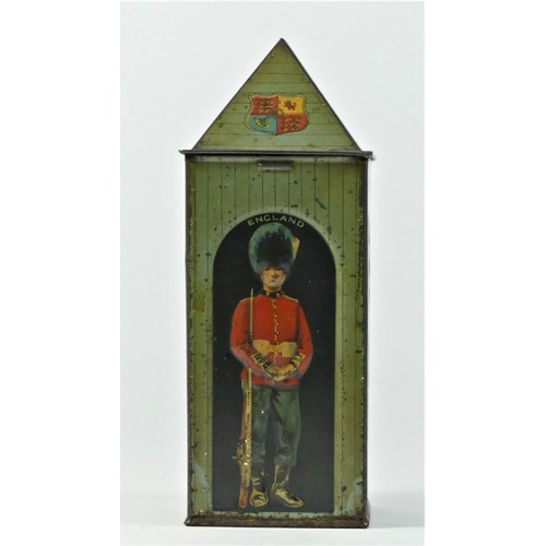 340 - An early 20th century Huntley & Palmer Biscuit Tin, modelled as a sentry box, each face depicting a ... 