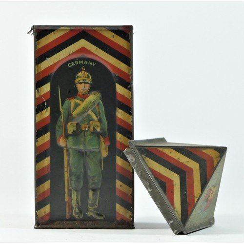 340 - An early 20th century Huntley & Palmer Biscuit Tin, modelled as a sentry box, each face depicting a ... 