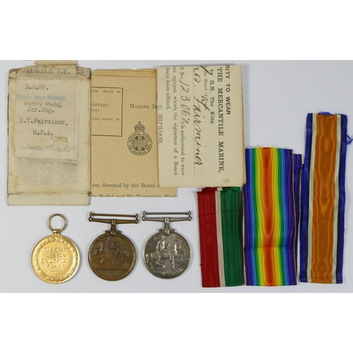 397 - WWI Naval trio, Victory and War awarded to Jnr. Eng. R.T. Fairminer, Mercantile Marine Reginald T. F... 