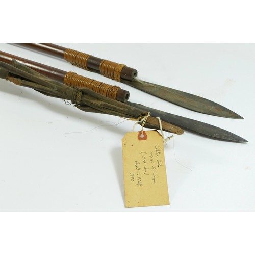 An Oceanic Polynesian barbed fishing spear, 149cm, owners label Captain  Cooks voyage to Tonga, (Fis