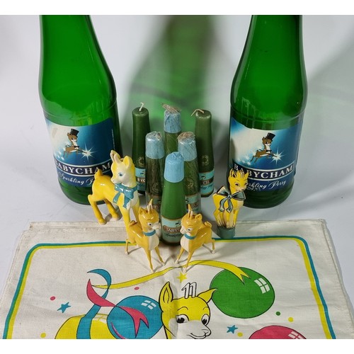 356 - A pair of Babycham bottle shop displays, 44cm tall, four Babycham mascots, six Babycham candles and ... 