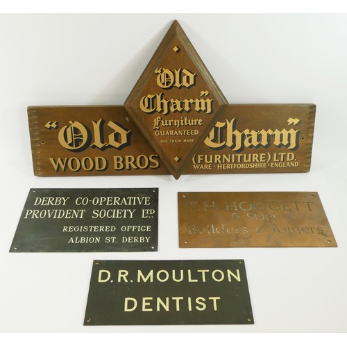 361 - Three metal plaques, T. H. Hoggett & Son, builders and joiners, 33cm x 18cm, D.R. Moulton, dentist, ... 