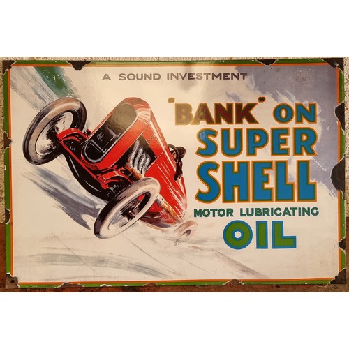 207 - A reproduction single sided vitreous enamel Bank on Super Shell advertising sign, 40x 60cm.