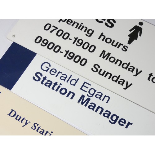 138 - Box of four modern plastic railway signs, Station Manager, Duty Station Manager, Station Manager - R... 