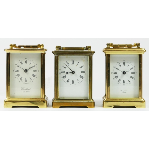 88 - Three brass cased carriage clocks, having enameled dials with roman numerals and 8 day movements. (3... 