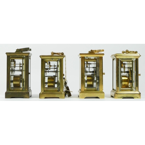 93 - Two English 8 day carriage clocks, enameled dials with roman numerals, together with two French exam... 
