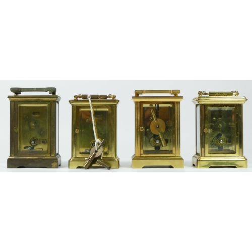 93 - Two English 8 day carriage clocks, enameled dials with roman numerals, together with two French exam... 