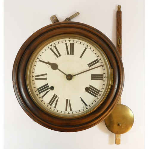 97 - A late 19th Century wall clock, mahogany cased, brass bezel with enameled dial and Roman numerals, n... 