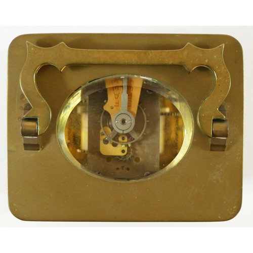 98 - A brass cased 8 day carriage clock, enameled dial with Roman numerals - 12cm tall.