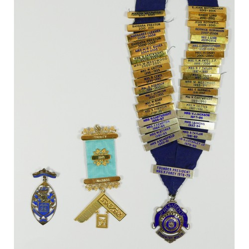 102 - A silver gilt Masonic Jewel, Trinity Lodge, no. 3403, a silver and enamel Past Mayoress Wishbech jew... 