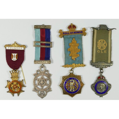 104 - A silver gilt and enamel Masonic jewel, St. Ebba Chapter, a silver Masonic jewel and two ROBO silver... 