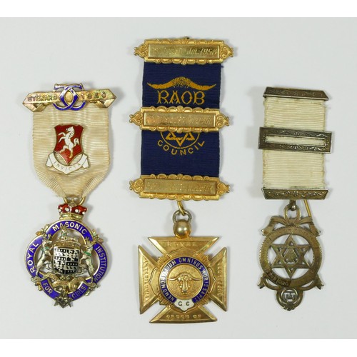 100 - A silver gilt and enamel Royal Masonic Institution for Girls jewel, another Masonic jewel and a RAOB... 