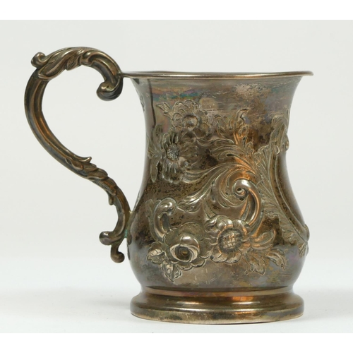 120 - A Victorian silver christening mug, Birmingham 1855, of baluster form with embossed decoration, init... 