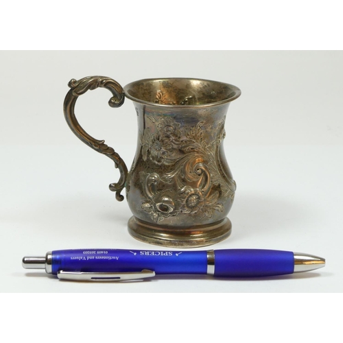 120 - A Victorian silver christening mug, Birmingham 1855, of baluster form with embossed decoration, init... 