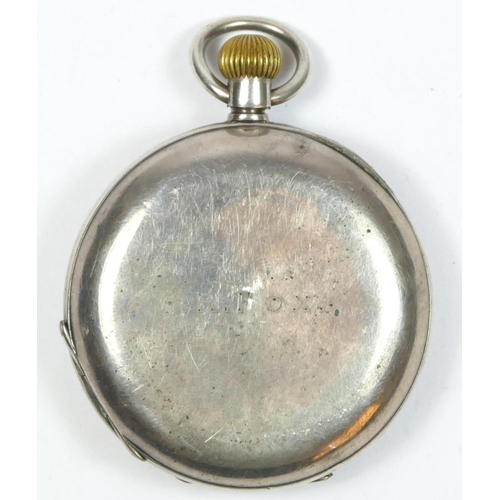 137 - A Swiss silver half hunter keyless wind pocket watch, .935 standard, engraved R. Fox, 50mm.