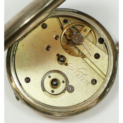 138 - A Sterling Silver full hunter key wind pocket watch, unsigned movement, lacking bow, 46mm
