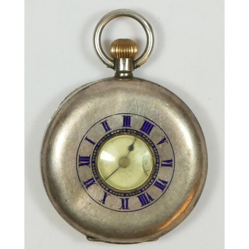140 - Omega, a silver half hunter keyless wind ladies pocket watch, London import 1912, engraved D. B. Par... 